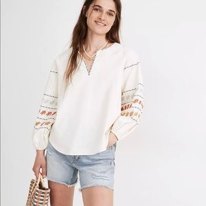 Madewell Embroidered-Sleeve Popover Top | Antique Cream | Small